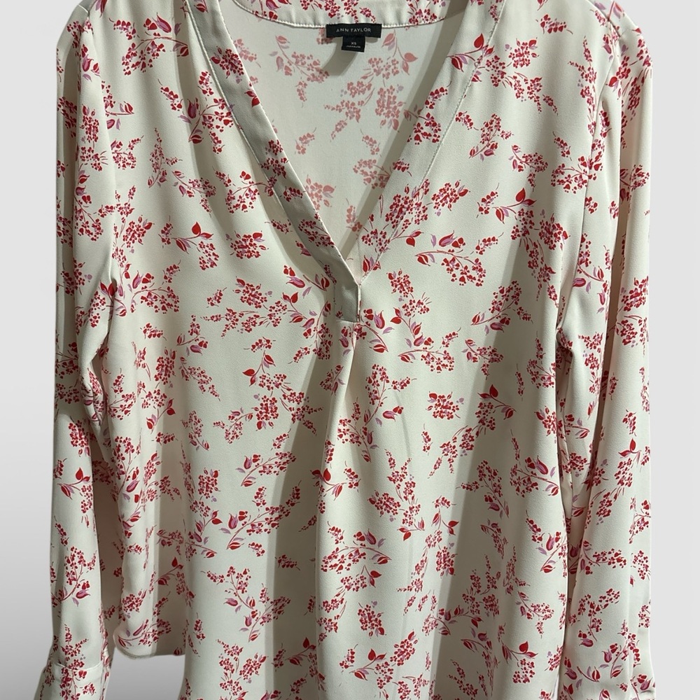 Ann Taylor Ivory Blouse with Scarlet Floral Pattern